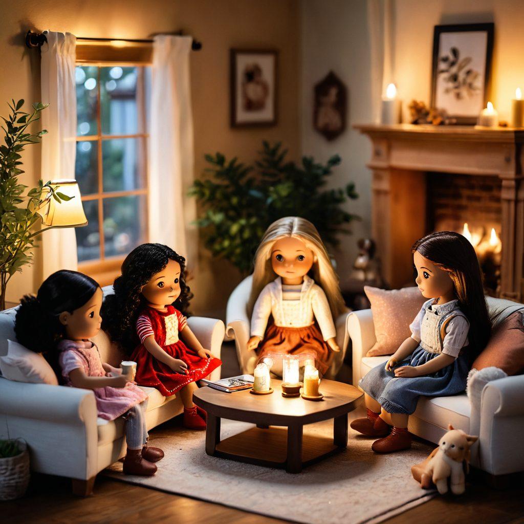 A cozy, inviting living room filled with a diverse collection of interactive dolls engaged in playful, heartfelt interactions with their owners. The scene showcases warm lighting, emotional expressions, and detailed features of the dolls, emphasizing the theme of intimacy and connection. Include a sense of warmth and unity among the characters, with soft textures and inviting colors throughout. super-realistic. warm tones. intimate setting.